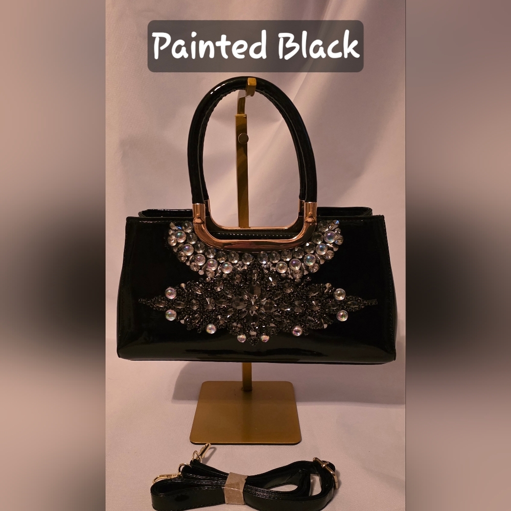 Handmade Pearl Chaos Black Faux Patent Leather East/West Bag - Painted Black
